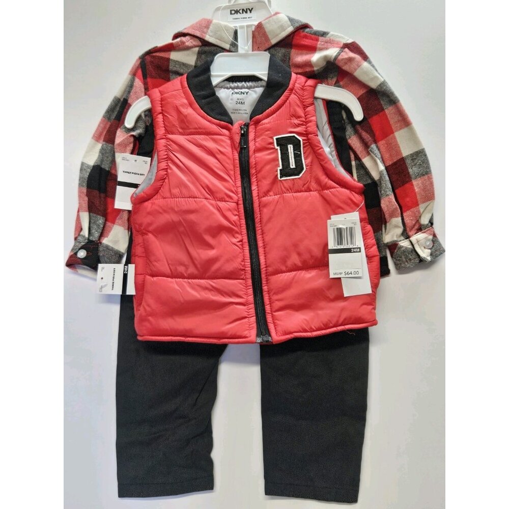 DKNY Size 24M Set Of 3, Red Vest/ Black Pants/ Red Plaid Button Up Long Sleeve